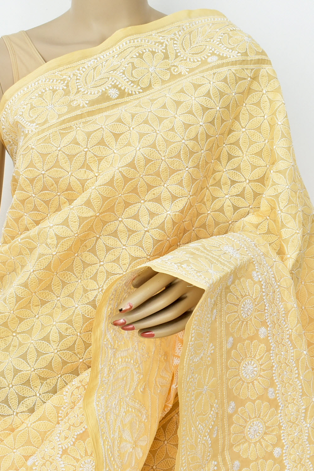 Beige Hand-Embroidered Lucknowi Chikankari Cotton Saree with Blouse