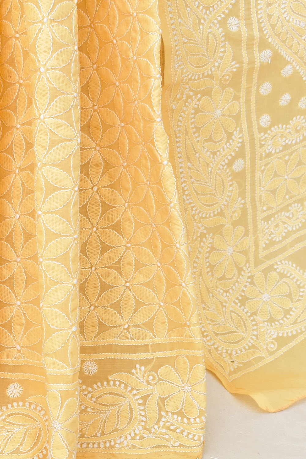 Beige Hand-Embroidered Lucknowi Chikankari Cotton Saree with Blouse