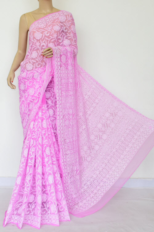 Pink Allover Hand-Embroidered Lucknowi Chikankari Georgette Saree with Blouse