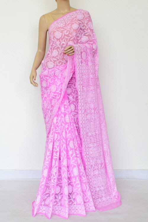 Pink Allover Hand-Embroidered Lucknowi Chikankari Georgette Saree with Blouse