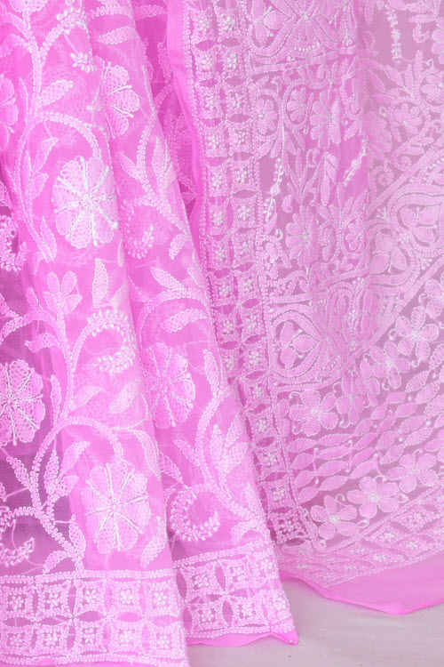 Pink Allover Hand-Embroidered Lucknowi Chikankari Georgette Saree with Blouse