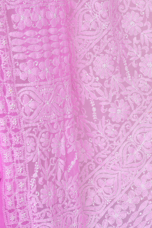 Pink Allover Hand-Embroidered Lucknowi Chikankari Georgette Saree with Blouse