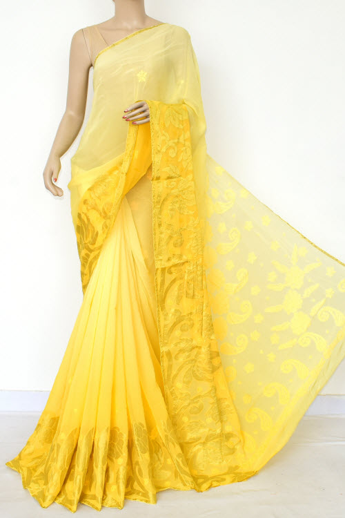 Yellow Hand-Embroidered Lucknowi Chikankari Viscos Georgette Saree with Blouse