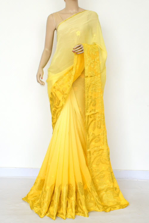 Yellow Hand-Embroidered Lucknowi Chikankari Viscos Georgette Saree with Blouse