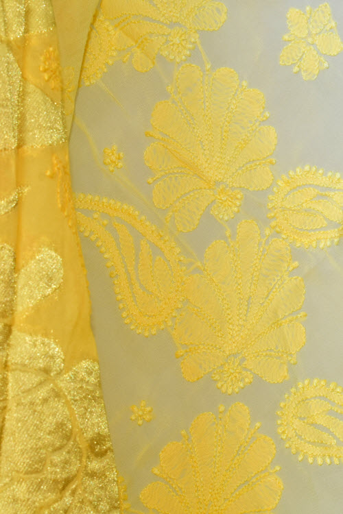 Yellow Hand-Embroidered Lucknowi Chikankari Viscos Georgette Saree with Blouse