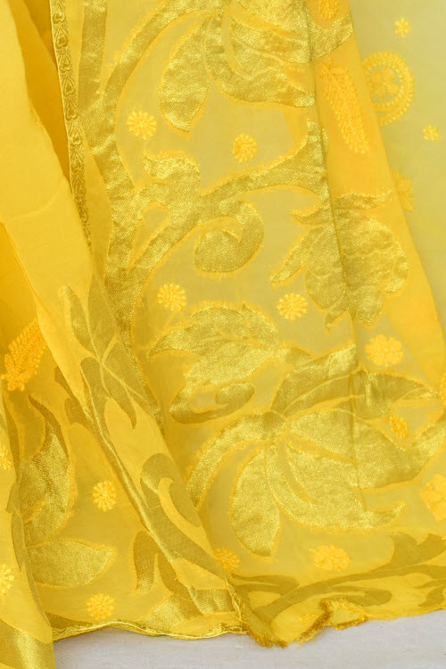 Yellow Hand-Embroidered Lucknowi Chikankari Viscos Georgette Saree with Blouse