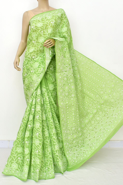 Mehandi Green Allover Hand-Embroidered Lucknowi Chikankari Cotton Saree with Blouse