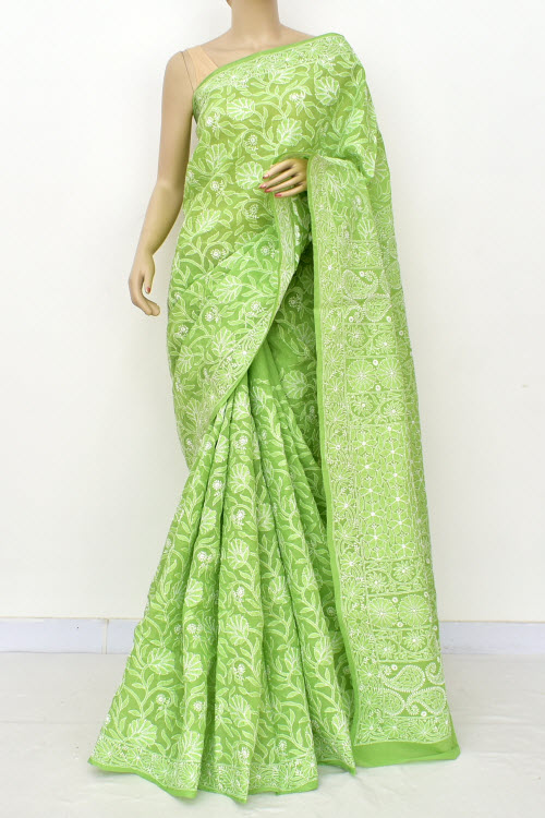 Mehandi Green Allover Hand-Embroidered Lucknowi Chikankari Cotton Saree with Blouse