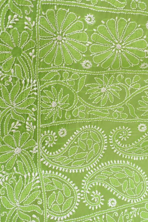 Mehandi Green Allover Hand-Embroidered Lucknowi Chikankari Cotton Saree with Blouse