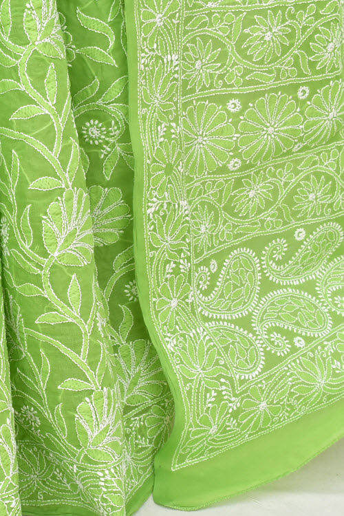 Mehandi Green Allover Hand-Embroidered Lucknowi Chikankari Cotton Saree with Blouse