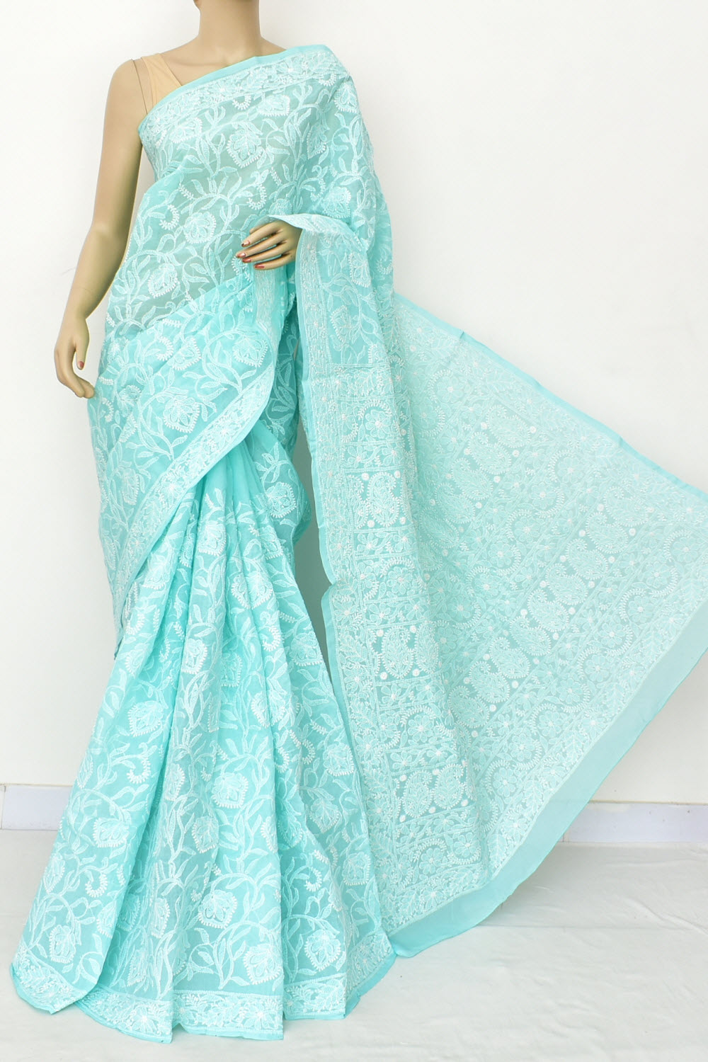 Sea Green Allover Hand-Embroidered Lucknowi Chikankari Cotton Saree with Blouse