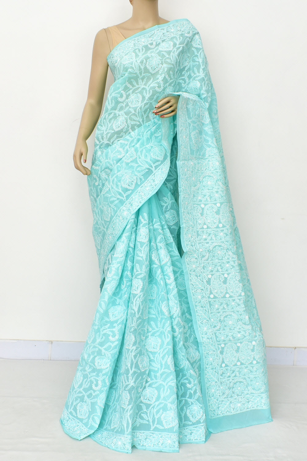 Sea Green Allover Hand-Embroidered Lucknowi Chikankari Cotton Saree with Blouse