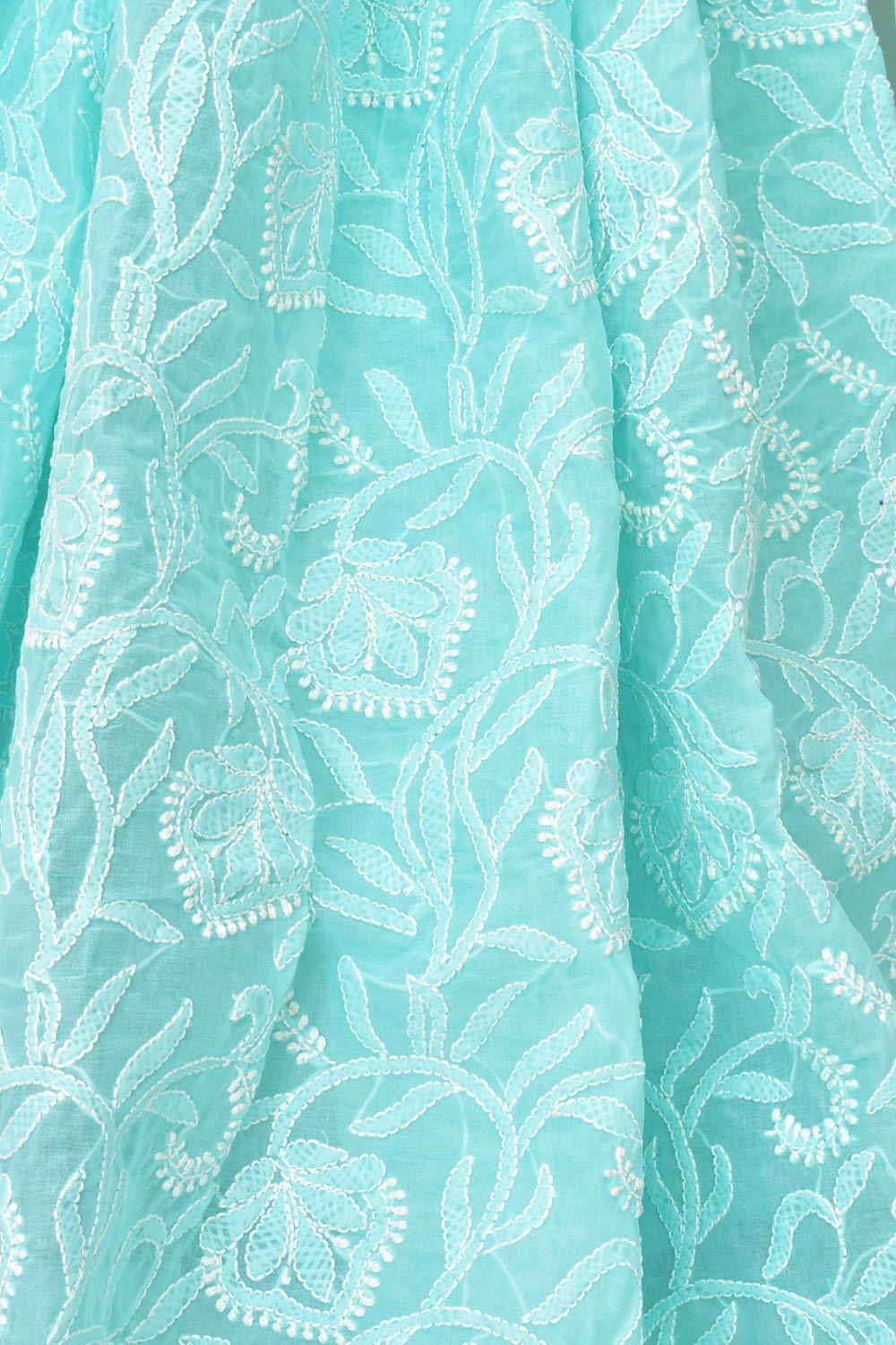 Sea Green Allover Hand-Embroidered Lucknowi Chikankari Cotton Saree with Blouse