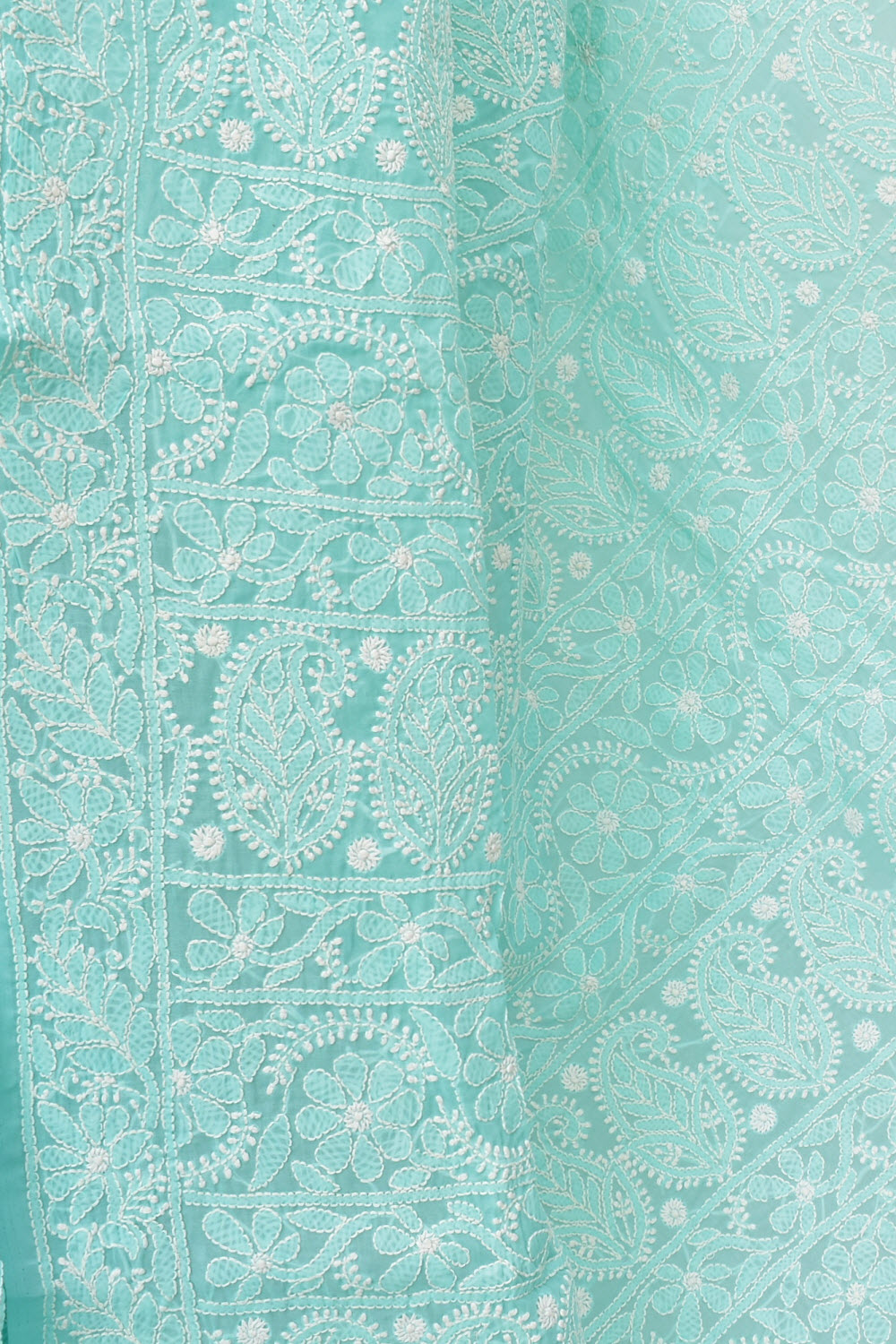 Sea Green Allover Hand-Embroidered Lucknowi Chikankari Cotton Saree with Blouse