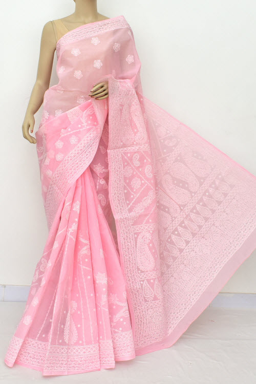Pink Allover Hand-Embroidered Lucknowi Chikankari Cotton Saree with Blouse