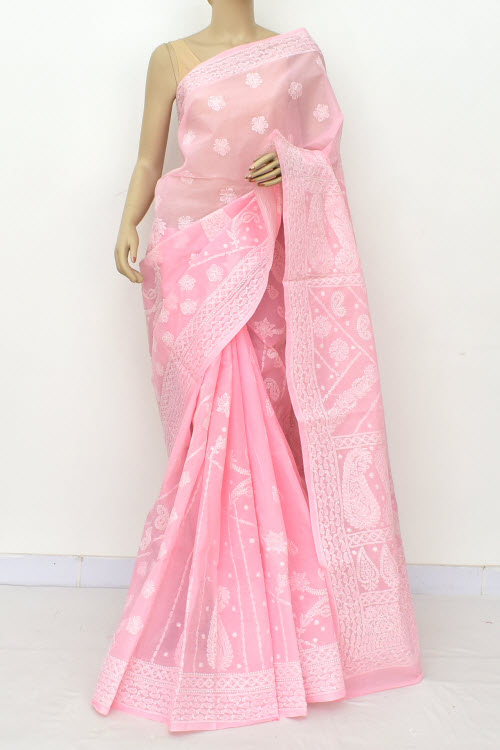 Pink Allover Hand-Embroidered Lucknowi Chikankari Cotton Saree with Blouse