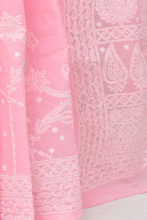 Pink Allover Hand-Embroidered Lucknowi Chikankari Cotton Saree with Blouse