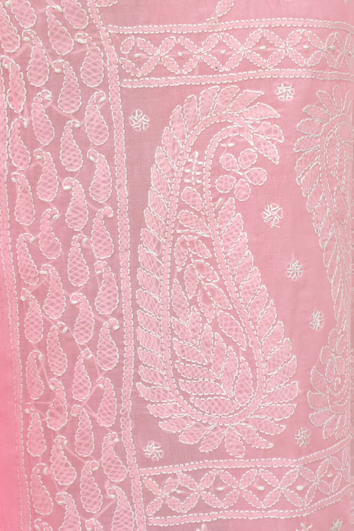 Pink Allover Hand-Embroidered Lucknowi Chikankari Cotton Saree with Blouse