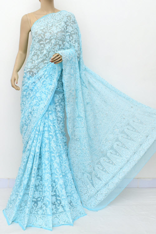 Sky Blue Allover Hand-Embroidered Lucknowi Chikankari Georgette Saree with Blouse embellished with Mukaish work