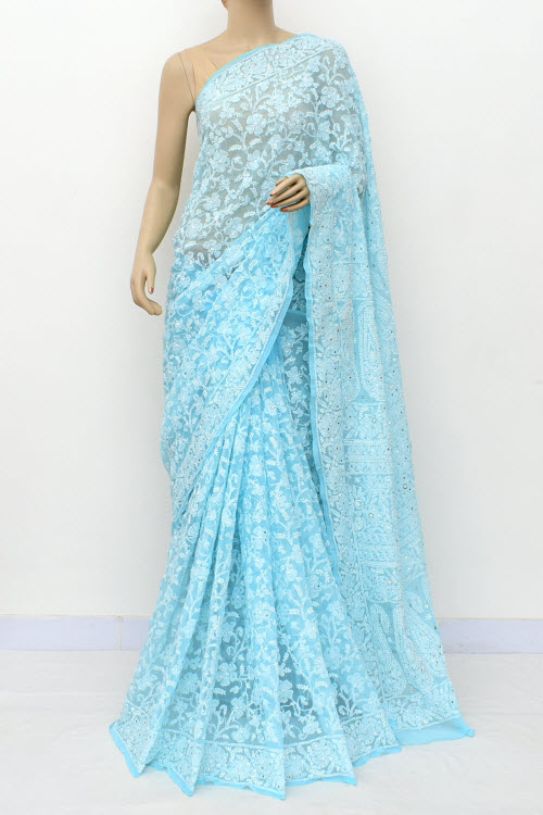 Sky Blue Allover Hand-Embroidered Lucknowi Chikankari Georgette Saree with Blouse embellished with Mukaish work
