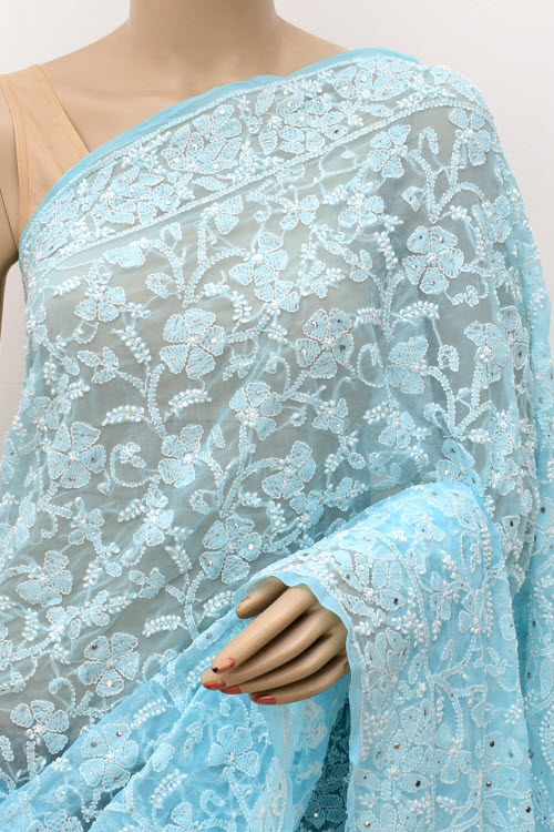 Sky Blue Allover Hand-Embroidered Lucknowi Chikankari Georgette Saree with Blouse embellished with Mukaish work