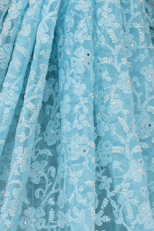 Sky Blue Allover Hand-Embroidered Lucknowi Chikankari Georgette Saree with Blouse embellished with Mukaish work