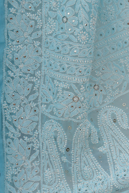 Sky Blue Allover Hand-Embroidered Lucknowi Chikankari Georgette Saree with Blouse embellished with Mukaish work