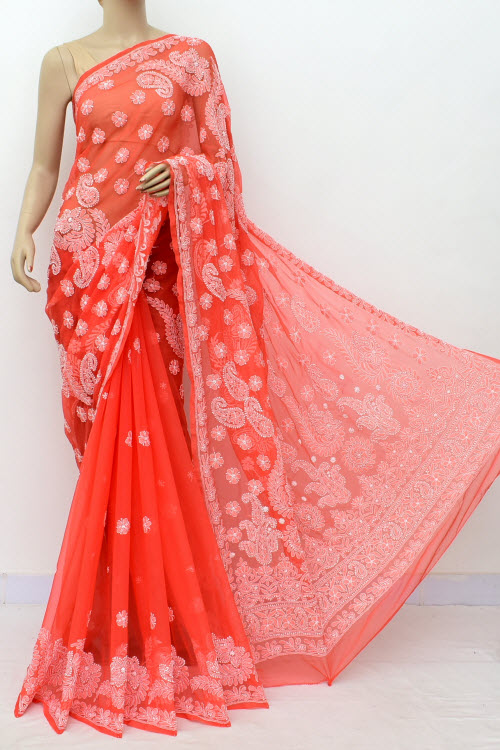 Dark Peach Hand-Embroidered Lucknowi Chikankari Georgette Saree with Blouse
