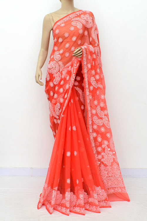 Dark Peach Hand-Embroidered Lucknowi Chikankari Georgette Saree with Blouse