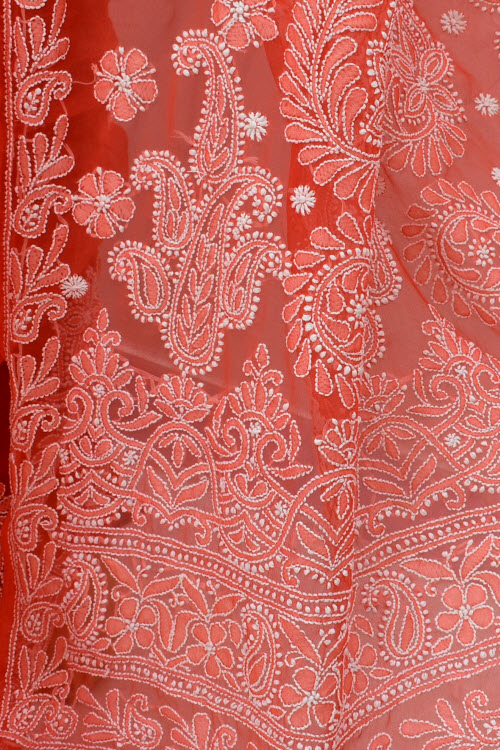 Dark Peach Hand-Embroidered Lucknowi Chikankari Georgette Saree with Blouse