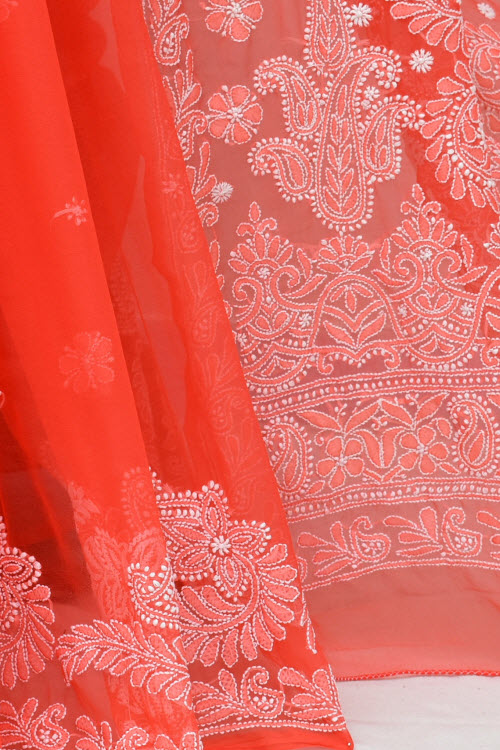 Dark Peach Hand-Embroidered Lucknowi Chikankari Georgette Saree with Blouse