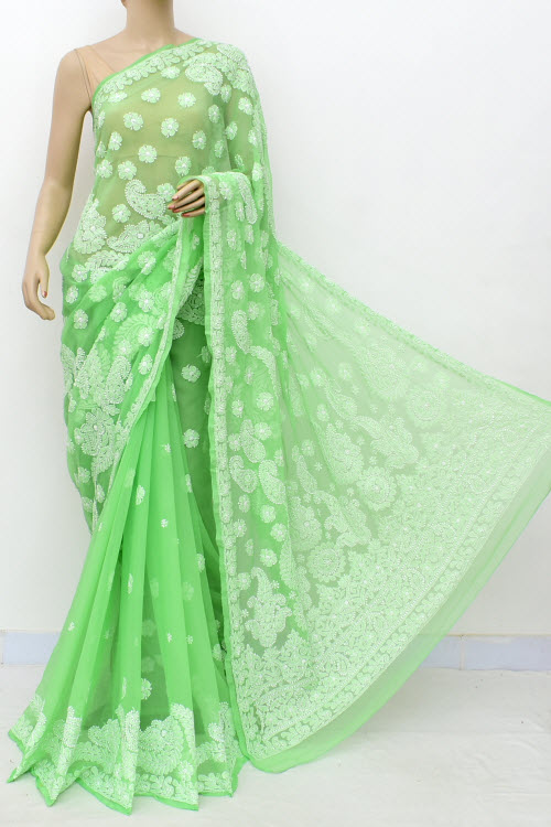 Pista Green Hand-Embroidered Lucknowi Chikankari Georgette Saree with Blouse