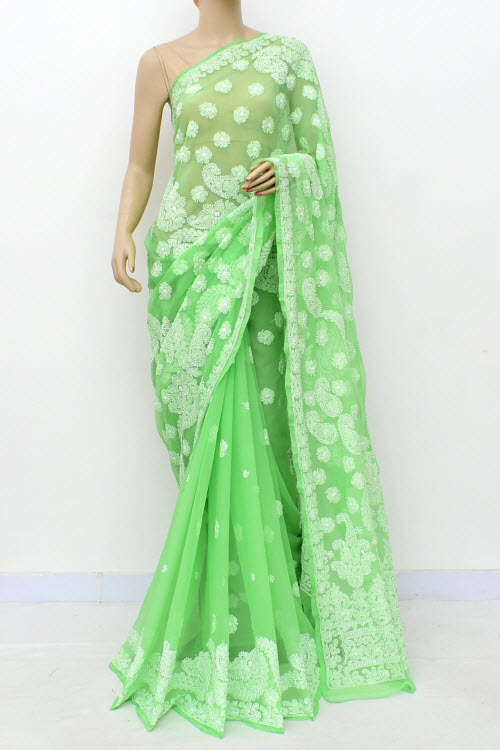 Pista Green Hand-Embroidered Lucknowi Chikankari Georgette Saree with Blouse