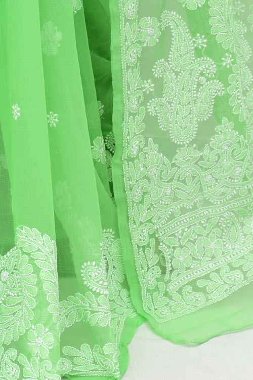 Pista Green Hand-Embroidered Lucknowi Chikankari Georgette Saree with Blouse