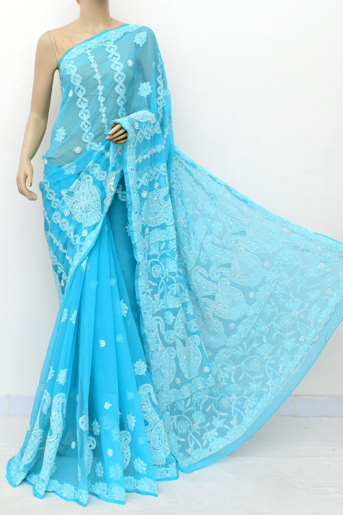 Sky Blue Hand-Embroidered Lucknowi Chikankari Georgette Saree with Blouse