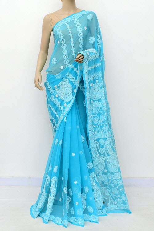 Sky Blue Hand-Embroidered Lucknowi Chikankari Georgette Saree with Blouse
