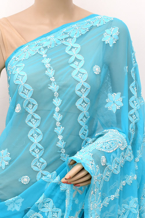 Sky Blue Hand-Embroidered Lucknowi Chikankari Georgette Saree with Blouse