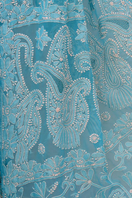 Sky Blue Hand-Embroidered Lucknowi Chikankari Georgette Saree with Blouse
