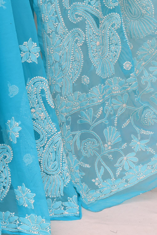 Sky Blue Hand-Embroidered Lucknowi Chikankari Georgette Saree with Blouse