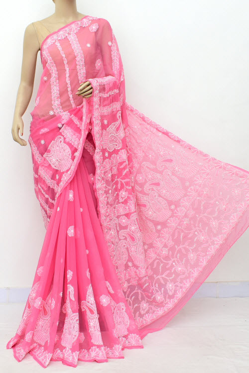 Peach Hand-Embroidered Lucknowi Chikankari Georgette Saree with Blouse