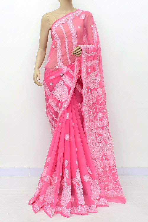 Peach Hand-Embroidered Lucknowi Chikankari Georgette Saree with Blouse