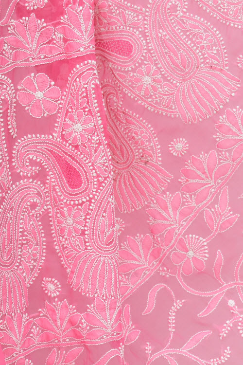 Peach Hand-Embroidered Lucknowi Chikankari Georgette Saree with Blouse