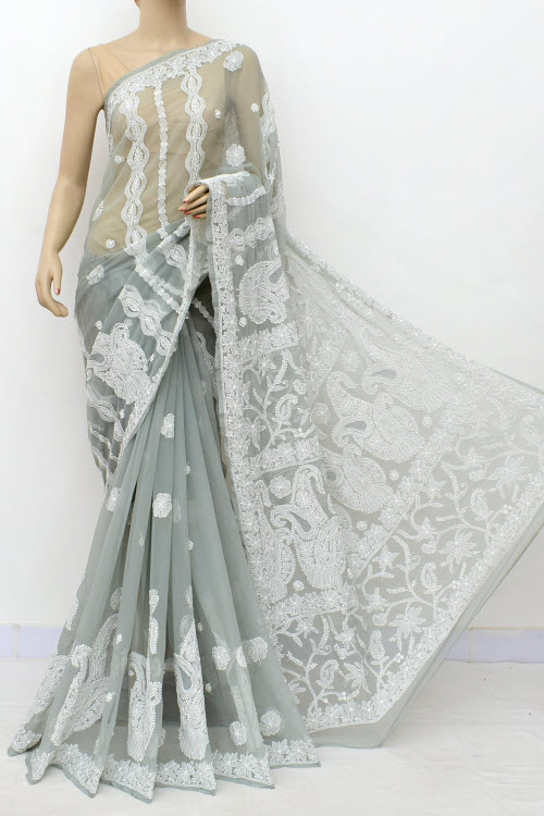Grey Hand-Embroidered Lucknowi Chikankari Georgette Saree with Blouse
