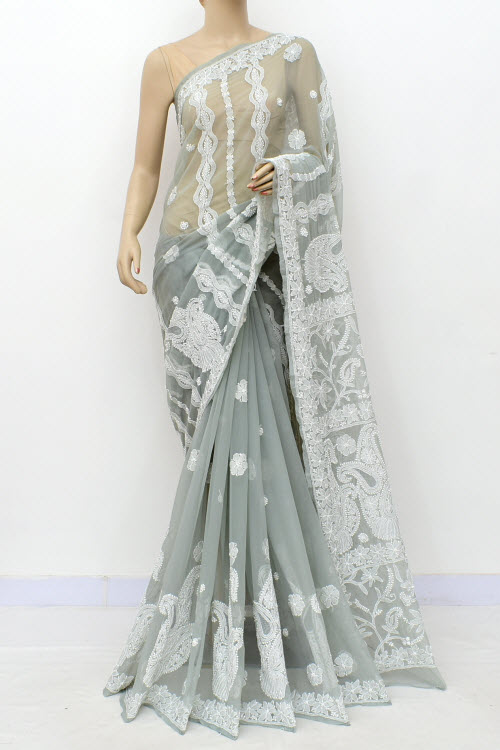 Grey Hand-Embroidered Lucknowi Chikankari Georgette Saree with Blouse