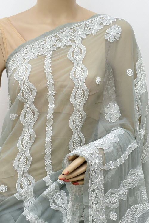 Grey Hand-Embroidered Lucknowi Chikankari Georgette Saree with Blouse