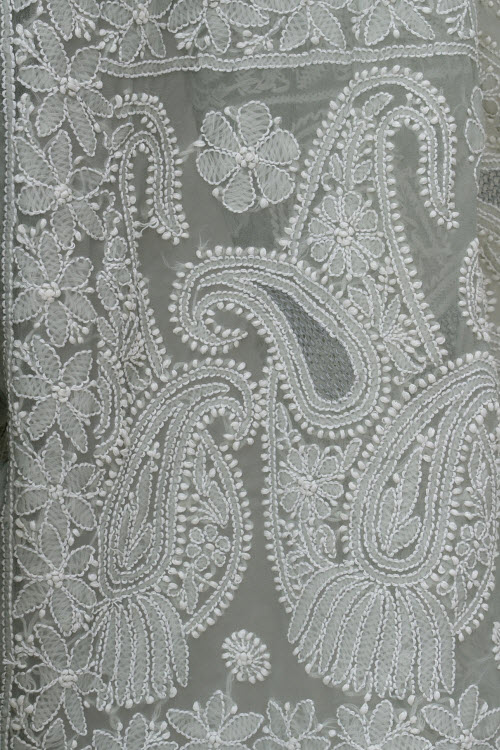 Grey Hand-Embroidered Lucknowi Chikankari Georgette Saree with Blouse