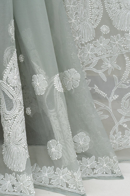 Grey Hand-Embroidered Lucknowi Chikankari Georgette Saree with Blouse