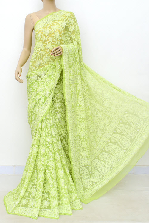 Lemon Green Allover Hand-Embroidered Lucknowi Chikankari Georgette Saree with Blouse