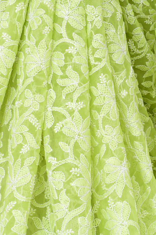 Lemon Green Allover Hand-Embroidered Lucknowi Chikankari Georgette Saree with Blouse