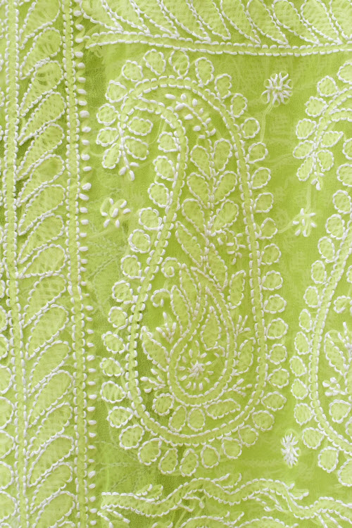 Lemon Green Allover Hand-Embroidered Lucknowi Chikankari Georgette Saree with Blouse